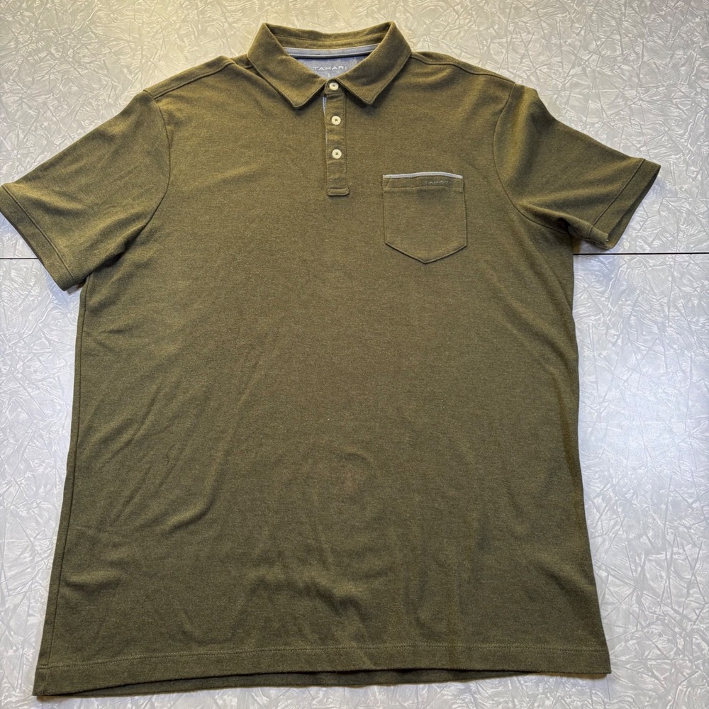 Tahari Mens Short Sleeve Polo Shirt Olive Green Heathered Chest Pocket Large
